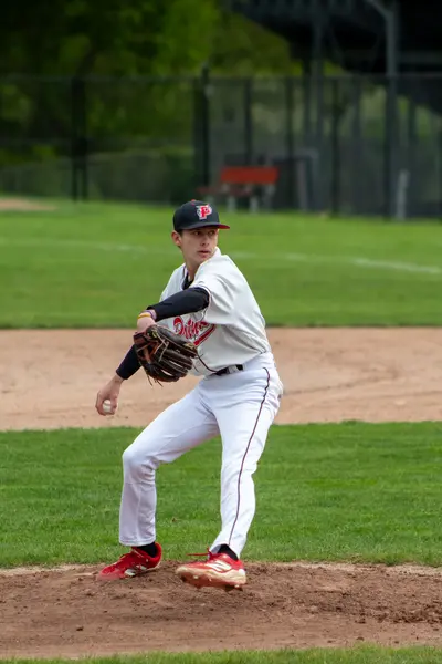 Pitcher in his windup, glove raised