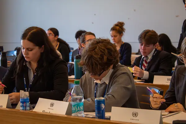 Delegates seated at their desks working during committee session