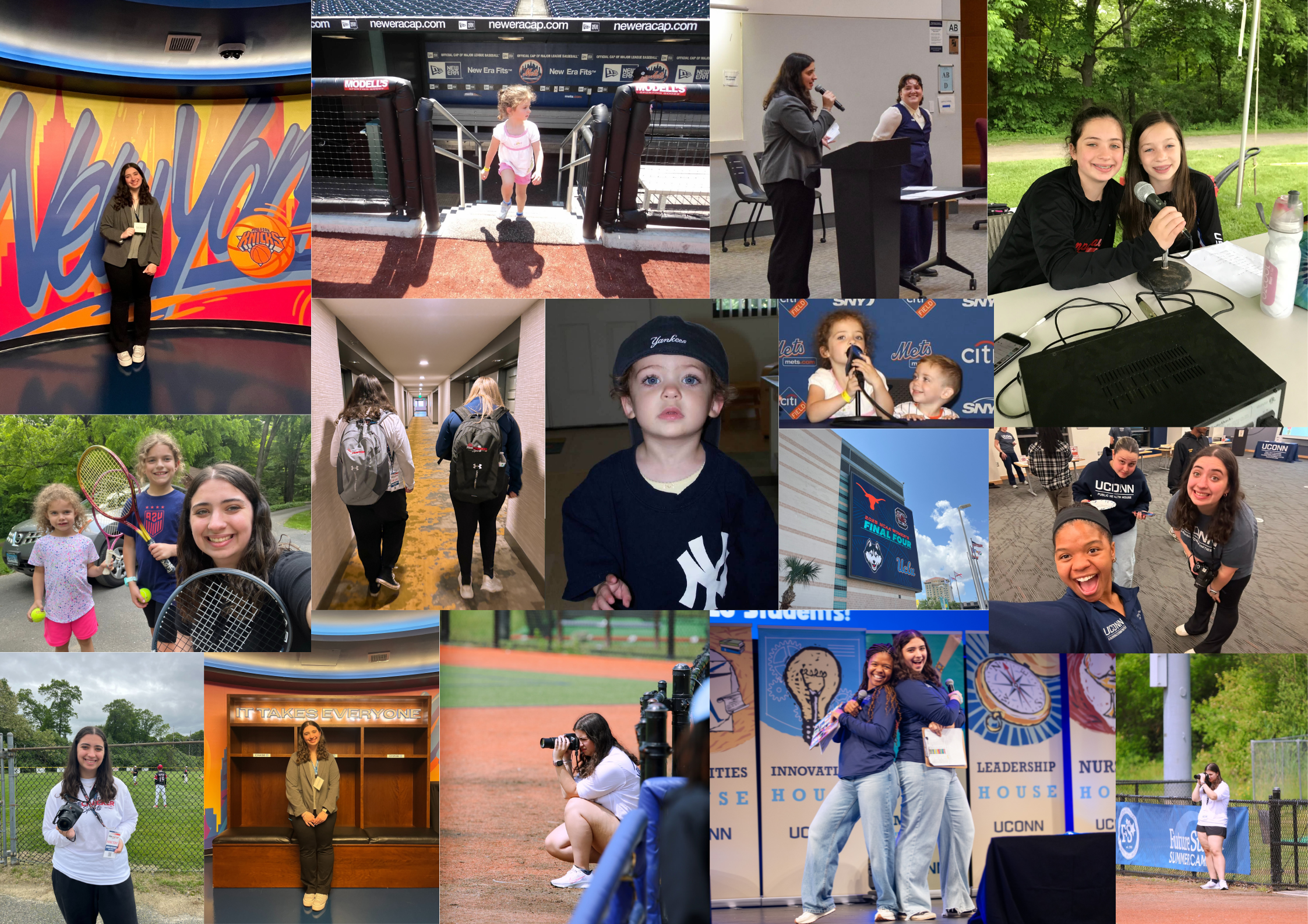 Collage of Hannah working in sports media — at games, events, and on set